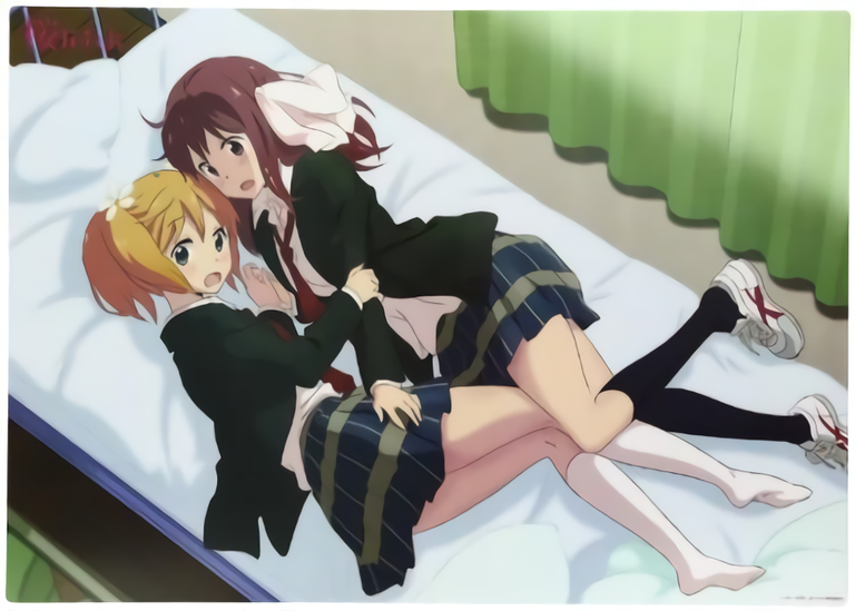 2girls bed blonde_hair couple flower hair_ornament hairclip lying multiple_girls official official_art open_mouth pigtails pink_hair ribbon sakura_trick school_uniform skirt sonoda_yuu surprised takayama_haruka thighs uniform window yuri