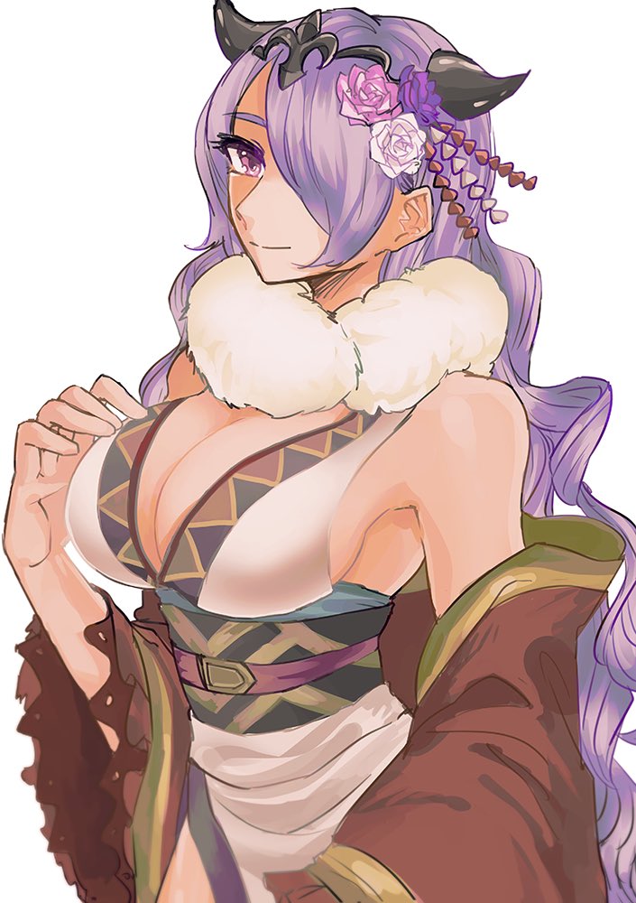 alternate_costume breasts camilla_(fire_emblem_if) fire_emblem fire_emblem_heroes fire_emblem_if hair_over_one_eye japanese_clothes kimono large_breasts lips long_hair looking_at_viewer purple_eyes purple_hair smile solo tiara tnmrdgr very_long_hair wavy_hair white_background