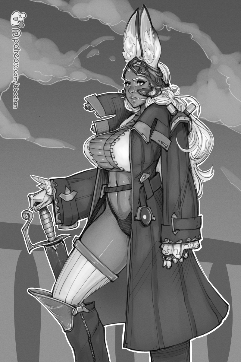 alternate_costume animal_ears bbc-chan boots breasts bunny_ears cleavage commentary dark_skin final_fantasy final_fantasy_xii fran greyscale high_collar highres knee_boots large_breasts lips long_coat long_hair monochrome patreon_username pirate planted_sword planted_weapon revealing_clothes solo standing sword thighhighs viera watermark weapon web_address