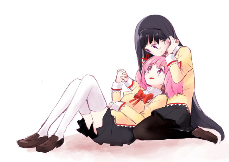 akemi_homura black_hair black_legwear blush brown_footwear christy hair_ribbon hairband holding_hands interlocked_fingers kaname_madoka long_hair long_sleeves looking_at_another mahou_shoujo_madoka_magica multiple_girls open_mouth pantyhose pink_eyes pink_hair purple_eyes red_ribbon ribbon school_uniform sitting sitting_on_lap sitting_on_person smile thighhighs twintails very_long_hair white_background white_legwear yuri zettai_ryouiki