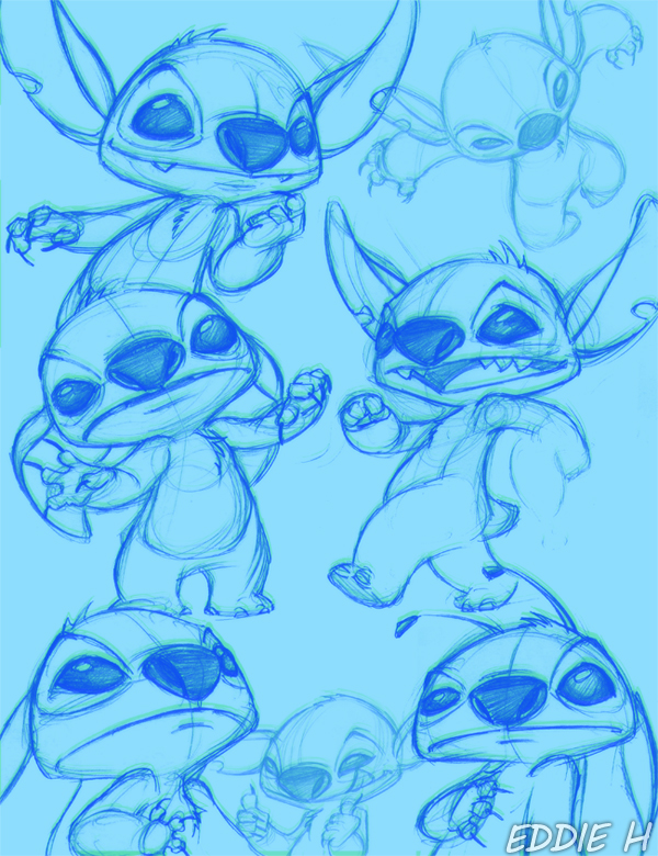 4_fingers alien antennae blue_background blue_theme chest_tuft claws cute_fangs disney ears_down eddieholly experiment_(species) fangs hand_on_chest head_tuft lilo_and_stitch looking_at_viewer notched_ear open_mouth open_smile sharp_teeth simple_background sketch sketch_page small_tail smile standing stitch teeth thumbs_up tongue tongue_out traditional_media_(artwork) tuft walking watermark