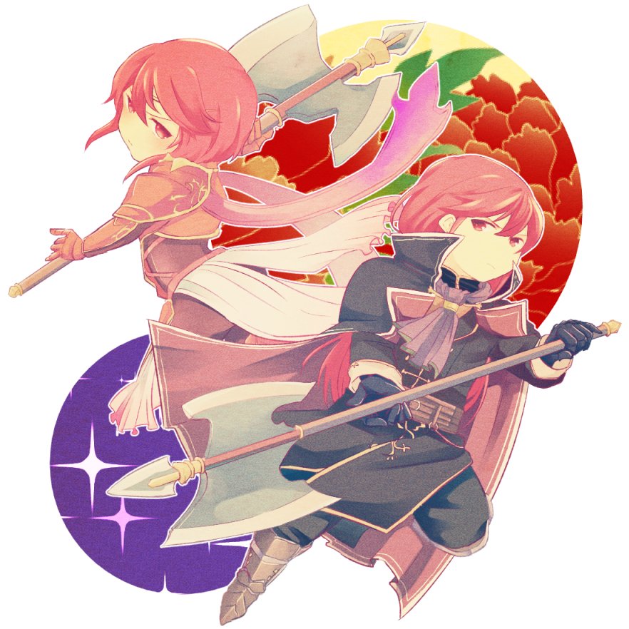 1girl armor axe brother_and_sister cape chibi fire_emblem fire_emblem:_monshou_no_nazo gloves long_hair minerva_(fire_emblem) misheil_(fire_emblem) nishimura_(nianiamu) red_eyes red_hair short_hair siblings weapon