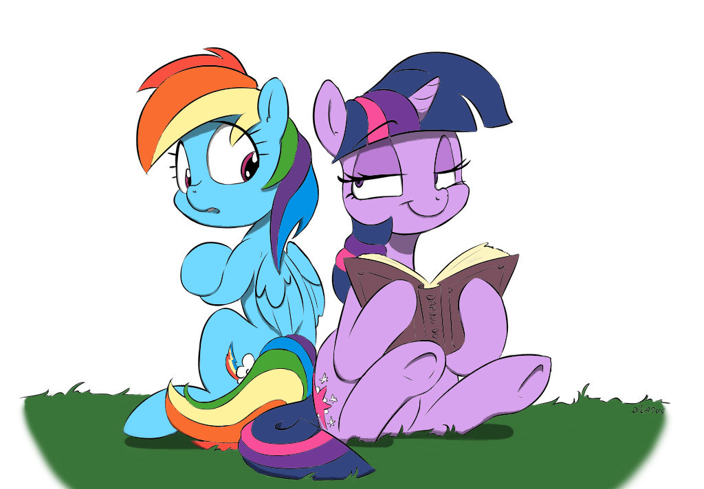 2016 bedroom_eyes book color_edit colored crossed_hooves cutie_mark derpymadness dilarus duo edit equine eye_contact eyebrows eyelashes feathered_wings feathers female friendship_is_magic grass hair half-closed_eyes horn looking_back makeup mammal mascara multicolored_hair my_little_pony outside pegasus purple_eyes rainbow_dash_(mlp) rainbow_hair reading seductive simple_background sitting smile text twilight_sparkle_(mlp) white_background winged_unicorn wings
