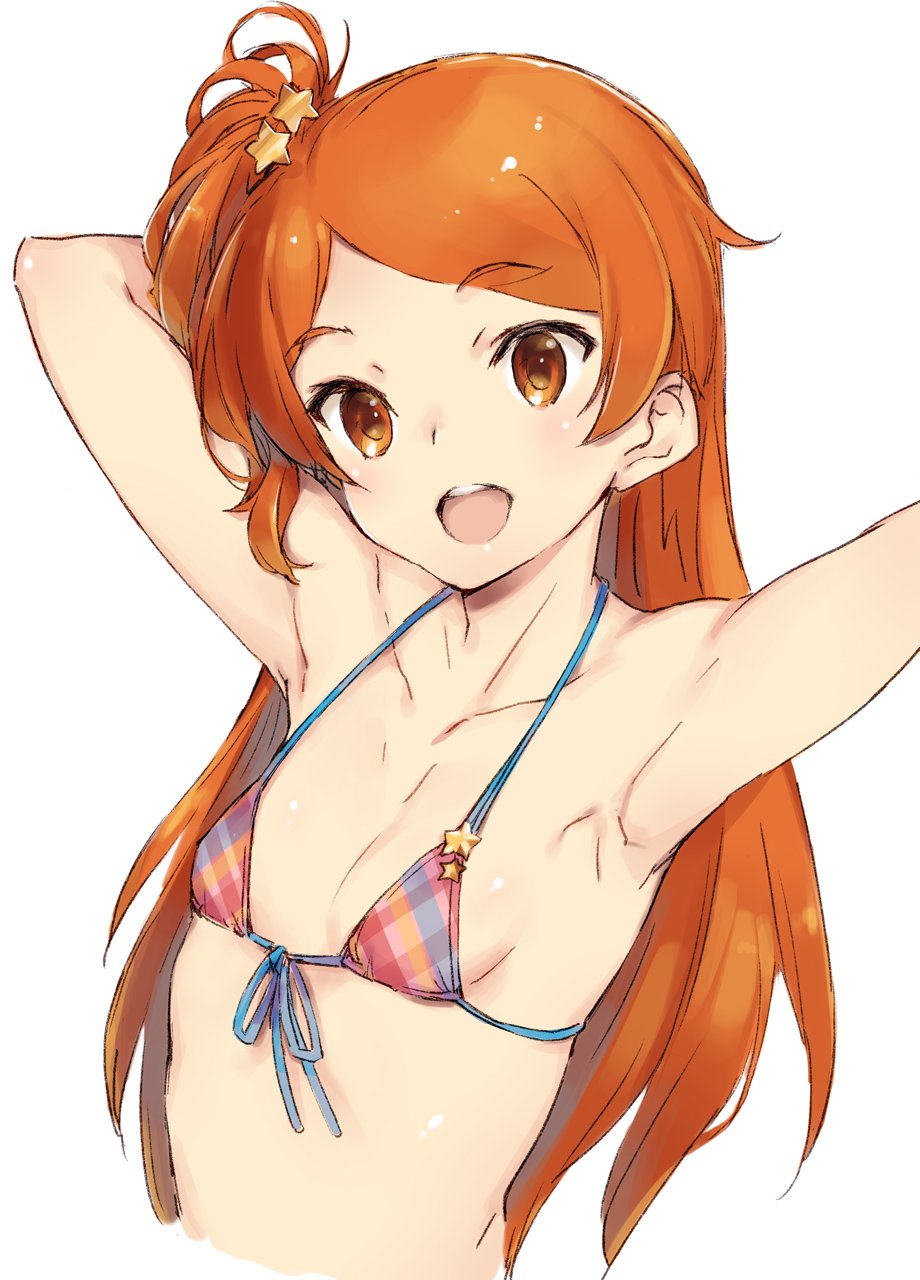 armpits arms_up bikini breasts eyebrows_visible_through_hair hair_ornament highres idolmaster idolmaster_million_live! kawata_hisashi long_hair one_side_up oogami_tamaki open_mouth orange_eyes orange_hair small_breasts star star_hair_ornament swimsuit upper_body