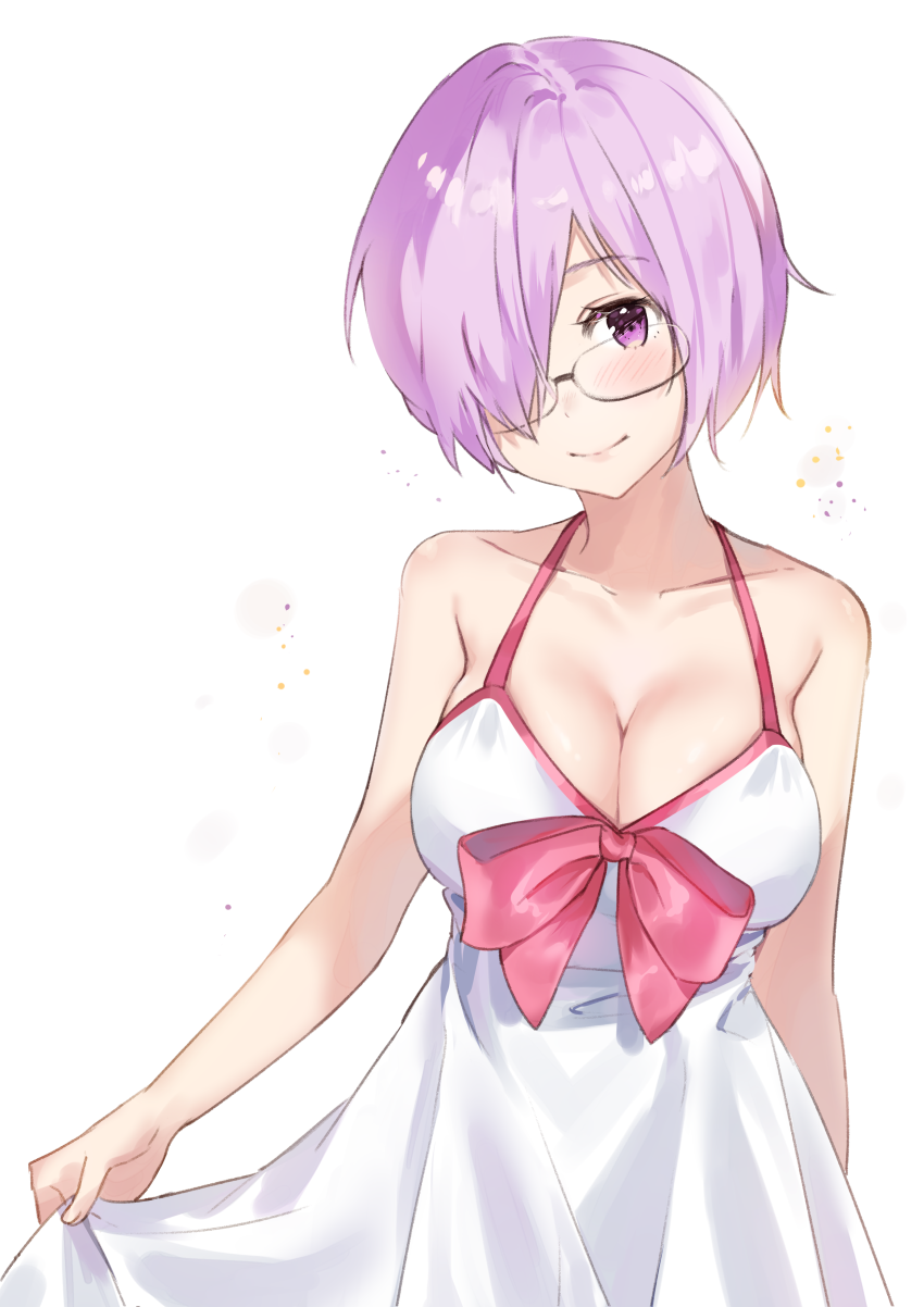 bare_shoulders blush bow bow_swimsuit breasts cherim cleavage closed_mouth dress dress_swimsuit fate/grand_order fate_(series) glasses hair_over_one_eye highres large_breasts looking_at_viewer mash_kyrielight pink_bow purple_eyes purple_hair short_hair simple_background smile solo swimsuit swimsuit_of_perpetual_summer white_background white_dress white_swimsuit