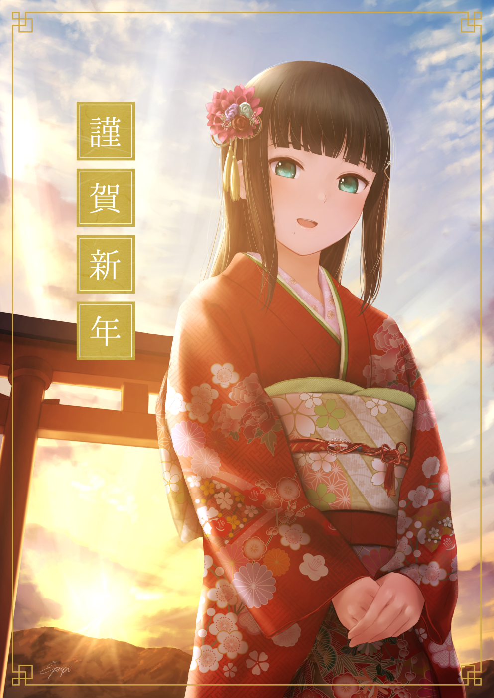 :d arch backlighting bangs blunt_bangs blush border cloud commentary day floral_print flower gradient gradient_sky hair_flower hair_ornament hairclip happy_new_year highres japanese_clothes kimono kurosawa_dia long_hair long_sleeves looking_at_viewer love_live! love_live!_sunshine!! mole mole_under_mouth morning new_year obi open_mouth outdoors own_hands_together papi_(papiron100) print_kimono red_kimono sash sky smile solo straight_hair sunlight sunrise tassel torii translated upper_body wide_sleeves
