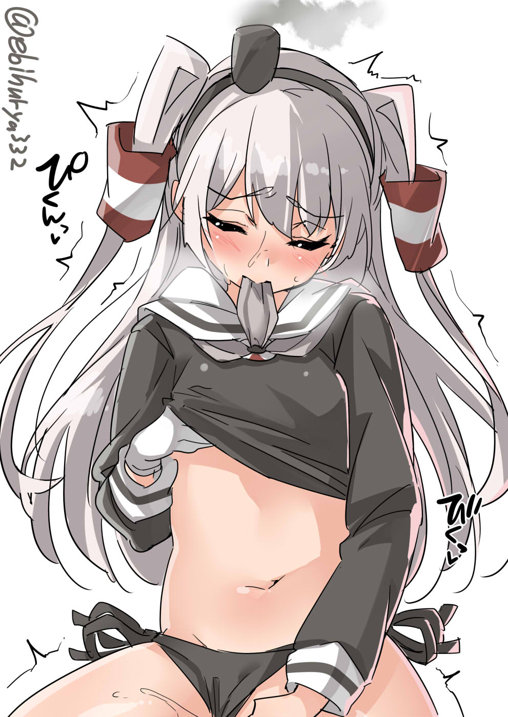 amatsukaze_(kantai_collection) bangs black_panties blush closed_eyes closed_mouth cowboy_shot dress dress_lift ebifurya eyebrows_visible_through_hair facing_viewer gloves hand_under_clothes heart highres implied_masturbation kantai_collection lifted_by_self long_hair long_sleeves mouth_hold out-of-frame_censoring panties panties_aside pussy_juice sailor_dress side-tie_panties silver_hair simple_background smoke solo sweat trembling twitter_username two_side_up underwear white_background white_gloves