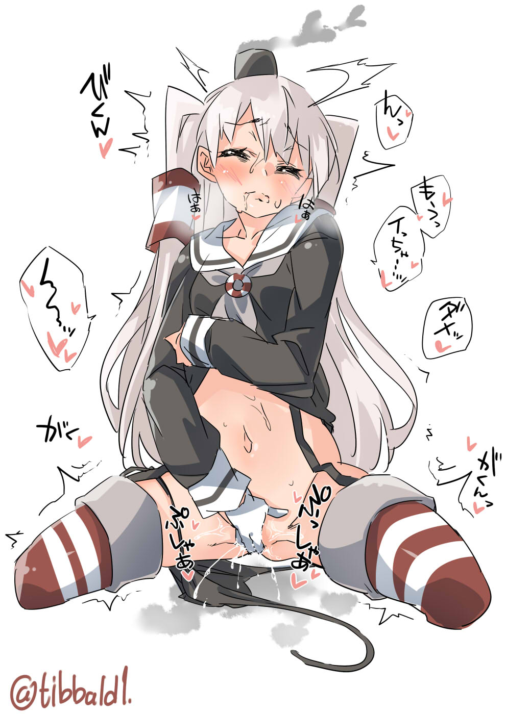 amatsukaze_(kantai_collection) bangs black_panties blush breasts breath closed_eyes closed_mouth cowboy_shot cropped_legs dress dress_lift drooling ebifurya eyebrows_visible_through_hair female_ejaculation fingering garter_straps gloves groin hair_tubes hat heart highres kantai_collection lifted_by_self long_hair long_sleeves masturbation mini_hat navel panties panties_around_one_leg pussy_juice sailor_dress saliva side-tie_panties simple_background single_glove small_breasts smoke smokestack solo speech_bubble spoken_heart stomach striped striped_legwear sweat thighhighs translation_request trembling two_side_up underwear untied untied_panties white_background white_gloves white_hair