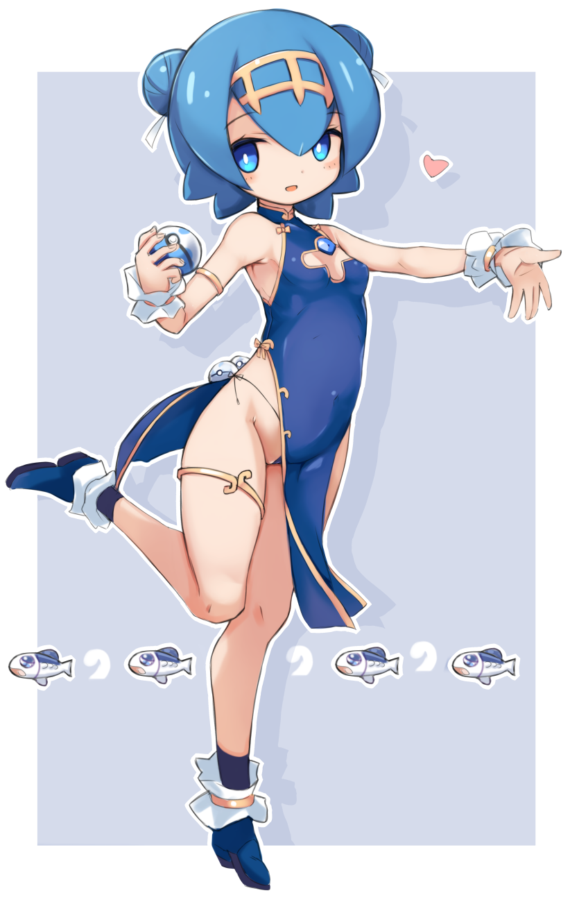 :d alternate_costume ankle_boots armlet armpits blue_dress blue_eyes blue_footwear blue_hair blue_panties blush_stickers boots breasts bright_pupils china_dress chinese_clothes cleavage_cutout covered_navel dive_ball double_bun dress full_body groin hair_between_eyes hairband heart highleg highleg_panties highres holding holding_poke_ball karukan_(monjya) leg_up looking_at_viewer open_mouth outline outstretched_arm panties pelvic_curtain poke_ball pokemon pokemon_(creature) pokemon_(game) pokemon_sm revision short_hair sleeveless sleeveless_dress small_breasts smile solo standing standing_on_one_leg suiren_(pokemon) thigh_strap underwear white_outline wrist_cuffs yellow_hairband
