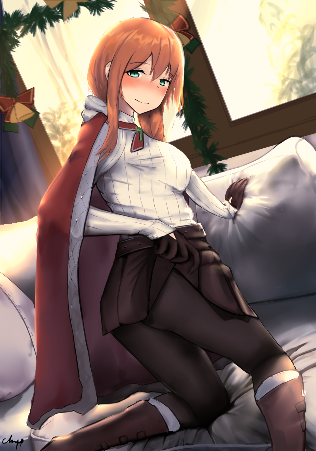 arm_support bangs bell belt black_gloves black_legwear black_skirt blush boots braid breasts brown_hair buckle capelet chair christmas_ornaments chyt closed_mouth couch eyebrows_visible_through_hair from_behind girls_frontline gloves green_eyes hair_between_eyes hair_ribbon hair_rings hat highres indoors knee_boots kneeling large_breasts long_hair long_sleeves looking_at_viewer lounge lounge_chair m1903_springfield_(girls_frontline) one_eye_closed open_clothes pantyhose pleated_skirt ponytail red_ribbon ribbed_sweater ribbon sidelocks signature single_braid skirt skirt_lift smile snow solo sweater thighs very_long_hair window yellow_eyes