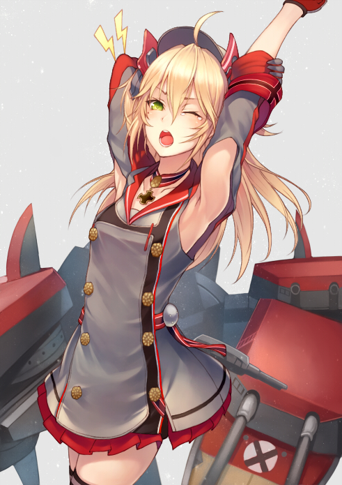 ;o admiral_hipper_(azur_lane) ahoge arm_behind_head armpit_cutout armpits arms_up azur_lane bangs banned_artist black_gloves black_legwear blonde_hair blush choker cowboy_shot double-breasted dress gloves green_eyes grey_background grey_dress hair_between_eyes headgear iron_cross jewelry kyoeiki lightning_bolt long_hair looking_at_viewer machinery military military_uniform one_eye_closed open_mouth pendant short_sleeves simple_background solo standing tears thighhighs turret uniform v-shaped_eyebrows yawning zettai_ryouiki
