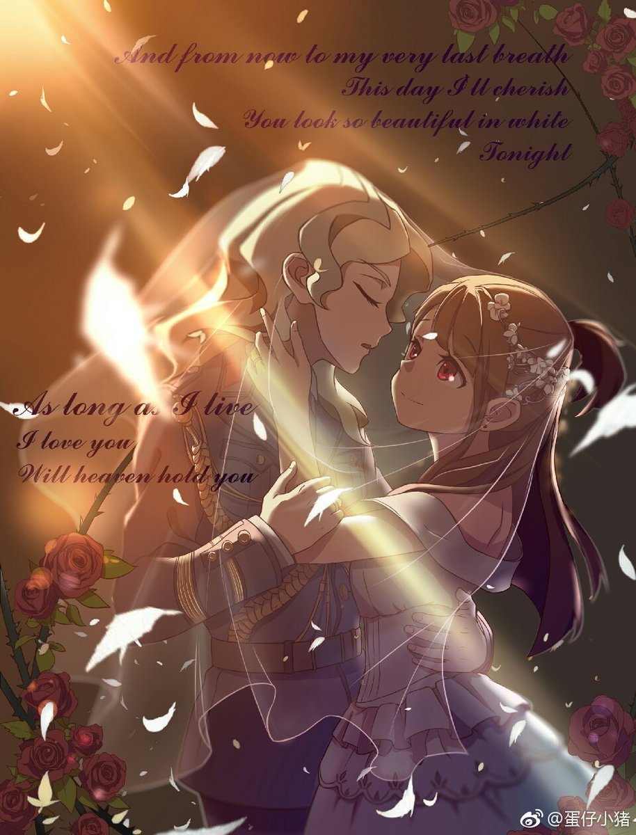 2girls brown_hair couple diana_cavendish dress english eyes_closed flower hair_ornament incipient_kiss kagari_atsuko little_witch_academia looking_at_another marriage married multiple_girls red_eyes rose roses simple_background suit thorns veil wedding_band wedding_dress wedding_ring wedding_veil yuri
