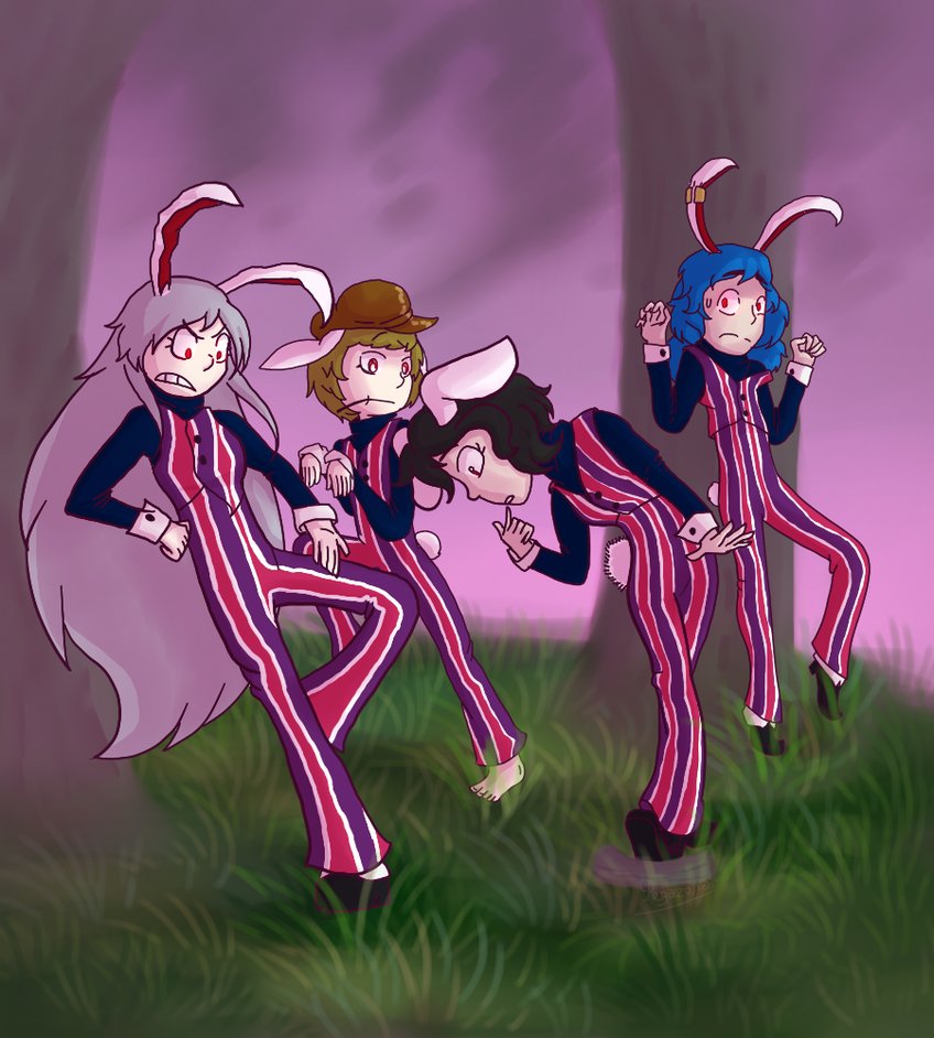4girls barefoot cosplay crossover inaba_tewi lazytown meme multiple_girls reisen_udongein_inaba ringo_(touhou) robbie_rotten robbie_rotten_(cosplay) seiran shoes tagme touhou tree_branch