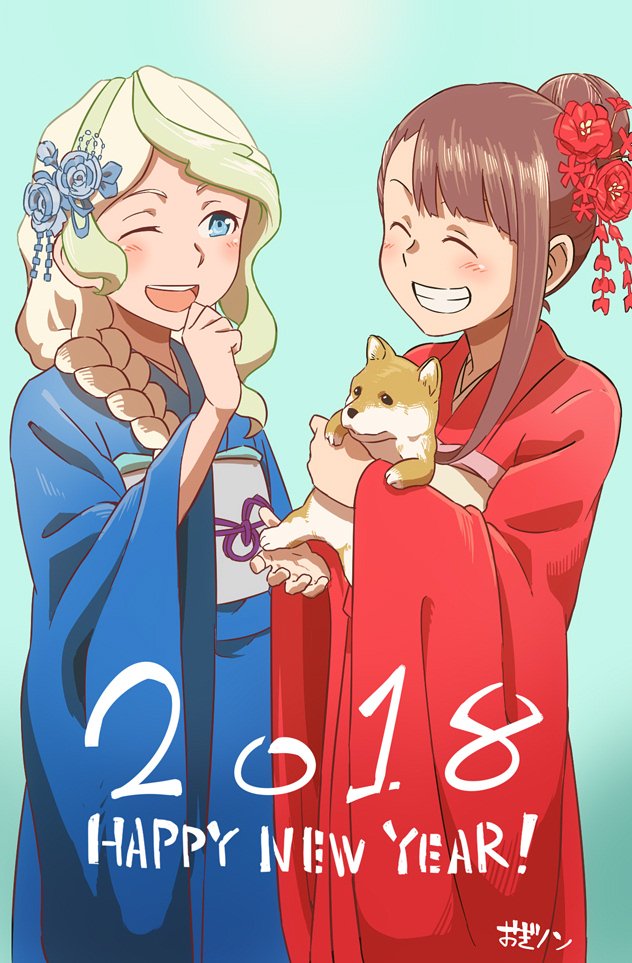 2girls animal blonde_hair blue_eyes brown_hair closed_eyes commentary_request diana_cavendish dog english hair_ornament happy_new_year japanese_clothes kagari_atsuko kimono little_witch_academia multiple_girls new_year ogi_non one_eye_closed shiba_inu