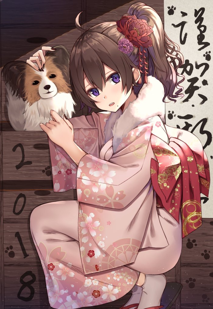 2018 :d animal_ears black_nails bow brown_hair chinese_zodiac dog drawer fingernails floral_print flower from_side grey_legwear hair_between_eyes hair_flower hair_ornament happy_new_year japanese_clothes kanikou kimono long_hair long_sleeves looking_at_viewer looking_to_the_side mole mole_under_mouth nail_polish new_year obi open_mouth original petting pink_kimono ponytail purple_eyes purple_flower red_bow red_flower sandals sash scroll smile socks solo squatting tareme translation_request wavy_hair wide_sleeves year_of_the_dog yukata