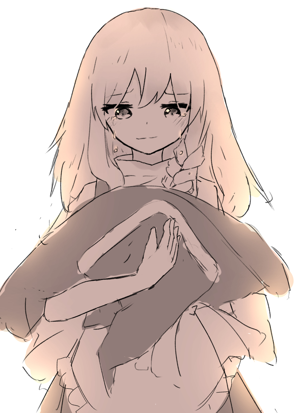 crying crying_with_eyes_open hat highres kirisame_marisa long_hair looking_at_viewer marisuku monochrome sad_smile sepia solo tears touhou witch_hat
