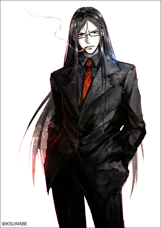 black_border black_hair black_jacket black_pants black_shirt border business_suit cigarette collared_shirt commentary_request contrapposto cowboy_shot fate/grand_order fate_(series) formal glasses hands_in_pockets jacket kei-suwabe long_hair long_sleeves looking_at_viewer lord_el-melloi_ii male_focus mouth_hold necktie pants red_neckwear shirt simple_background smoke smoking solo spot_color standing suit waver_velvet white_background wing_collar