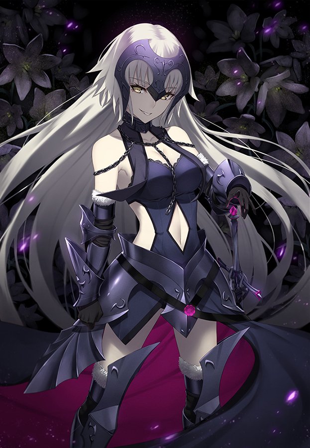 ahoge black_background breasts chain cleavage famepeera fate/grand_order fate_(series) flower gauntlets headpiece jeanne_d'arc_(alter)_(fate) jeanne_d'arc_(fate)_(all) long_hair looking_at_viewer medium_breasts navel parted_lips silver_hair smile solo sword weapon white_flower yellow_eyes