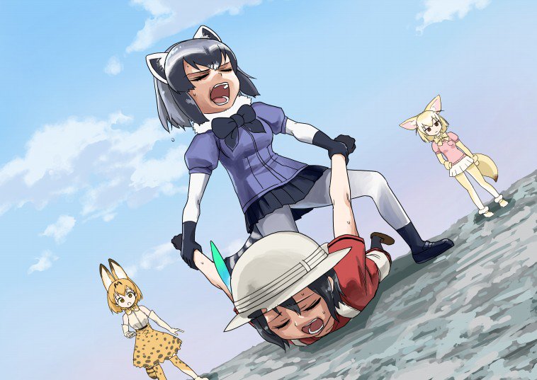 animal_ears commentary common_raccoon_(kemono_friends) day fennec_(kemono_friends) fighting gachimuchi gaybar_pose kaban_(kemono_friends) kemono_friends monbetsu_kuniharu multiple_girls outdoors outstretched_arms school_uniform serval_(kemono_friends) serval_ears serval_print serval_tail sky stretch tail