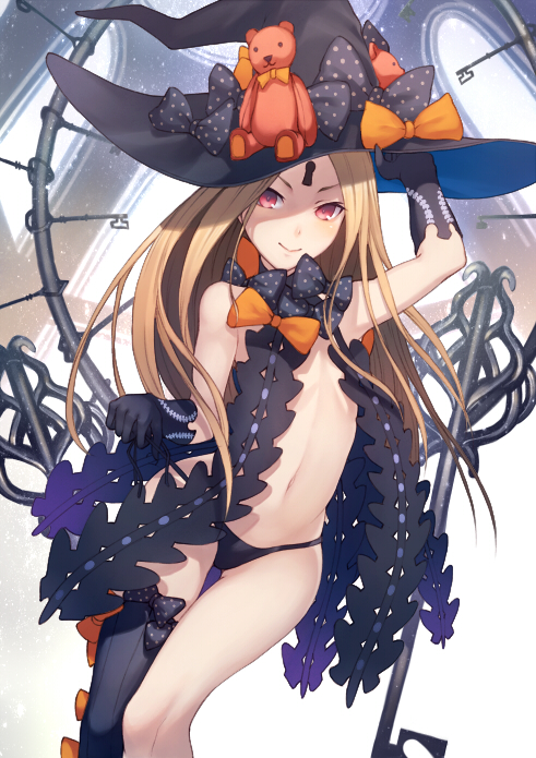 abigail_williams_(fate/grand_order) arm_up armpits bangs banned_artist bare_shoulders black_bow black_gloves black_hat black_legwear black_panties black_ribbon blonde_hair blush bow closed_mouth elbow_gloves facial_mark fate/grand_order fate_(series) flat_chest forehead_mark gloves hand_on_headwear hat hat_bow key kyoeiki long_hair looking_at_viewer navel orange_bow panties parted_bangs polka_dot polka_dot_bow red_eyes revealing_clothes ribbon side-tie_panties single_thighhigh smile solo stomach stuffed_animal stuffed_toy teddy_bear thighhighs underwear untying very_long_hair witch_hat