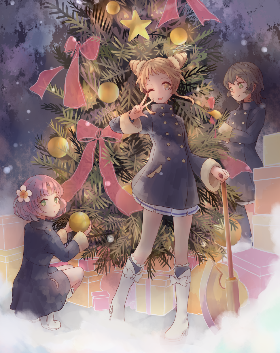 :o ;p aikatsu! aikatsu!_(series) arisugawa_otome axe blush boots box braid brown_eyes brown_hair christmas christmas_ornaments christmas_tree coat commentary crown_braid double_bun drill_hair eyebrows_visible_through_hair flower fog gift gift_box green_eyes hair_flower hair_ornament high_heel_boots high_heels highres kamiya_shion kitaouji_sakura kneeling maru_(ninetresures) multiple_girls one_eye_closed open_mouth orange_hair pine_tree pink_hair ribbon school_uniform short_hair skirt smile star starlight_academy_uniform tongue tongue_out tree twin_drills v winter_clothes winter_coat winter_uniform