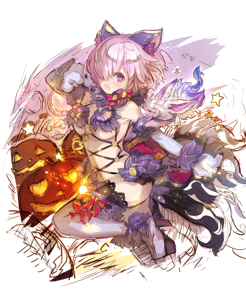 animal_ears ass cosplay dangerous_beast elbow_gloves emil_(nier) fate/grand_order fate_(series) fur-trimmed_gloves fur-trimmed_legwear fur_collar fur_trim gloves hair_over_one_eye haku_(sabosoda) halloween_costume lace lace-trimmed_thighhighs lavender_hair mash_kyrielight nier_(series) o-ring o-ring_top purple_eyes purple_gloves purple_legwear revealing_clothes short_hair tail thighhighs wolf_ears wolf_tail