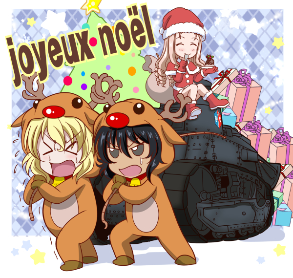 andou_(girls_und_panzer) animal_costume bc_freedom_(emblem) bell black_hair blonde_hair cake caterpillar_tracks christmas christmas_tree commentary_request eating emblem food french ft-17 gift girls_und_panzer ground_vehicle hanzou jingle_bell long_hair marie_(girls_und_panzer) merry_christmas military military_vehicle motor_vehicle multiple_girls oshida_(girls_und_panzer) pulling short_hair tank translated
