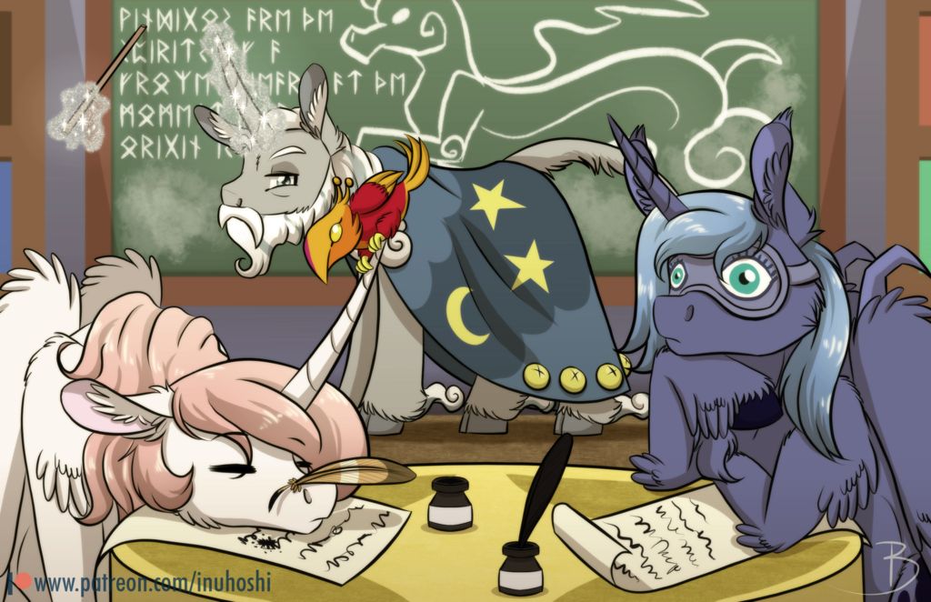 2017 avian beard bell bird blindfold blue_hair chalkboard cloak clothing equine facial_hair feathers female fetlocks friendship_is_magic fur glowing grey_eyes grey_fur hair hooves horn inuhoshi-to-darkpen loose_feather mammal mask my_little_pony paper philomena_(mlp) phoenix pink_hair princess_celestia_(mlp) princess_luna_(mlp) purple_fur quill sleeping starswirl_the_bearded_(mlp) unicorn white_fur winged_unicorn wings