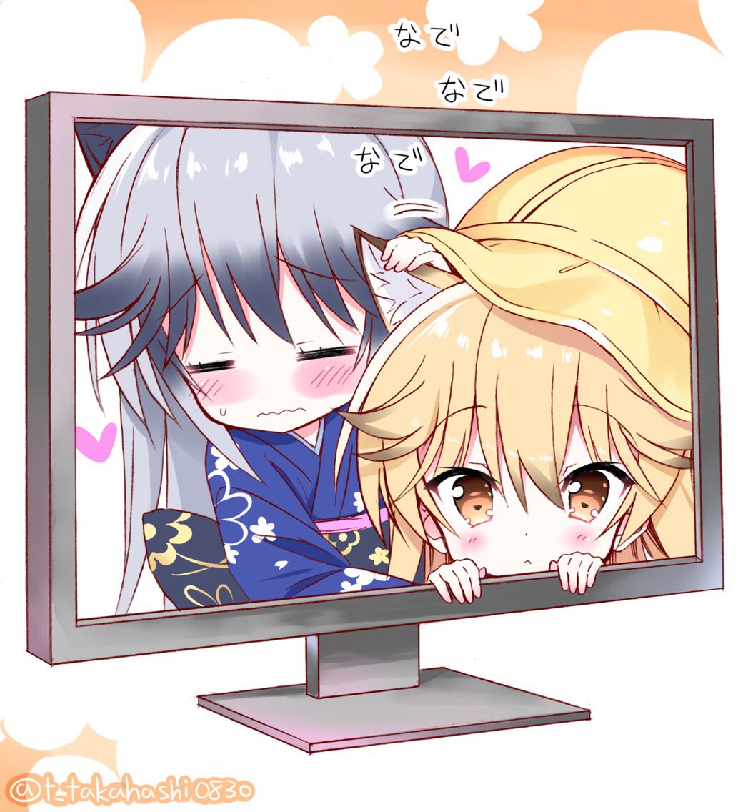 :&lt; =_= animal_ears blonde_hair blue_kimono brown_eyes closed_eyes commentary_request ezo_red_fox_(kemono_friends) fourth_wall fox_ears hat japanese_clothes kemono_friends kimono long_hair multiple_girls obi peeking petting sash silver_fox_(kemono_friends) silver_hair takahashi_tetsuya television through_screen upper_body wavy_mouth