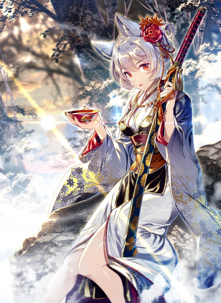 alternate_costume animal_ears breasts closed_mouth commentary_request cup flower hair_between_eyes hand_up holding inubashiri_momiji japanese_clothes kimono leaf_print lips looking_at_viewer nail_polish obi red_eyes red_flower rock sash sheath sitting small_breasts solo sun sword touhou weapon white_hair wide_sleeves wolf_ears zounose