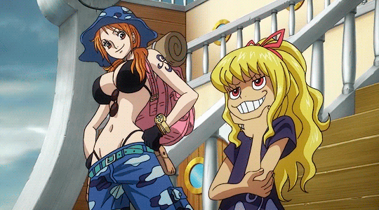 2girls animated animated_gif animation backpack bare_arms bare_shoulders belt bikini black_shirt blonde_hair breasts character_request child curvy door female glasses gloves grin hand_on_chin hand_on_elbow hands_on_waist happy hat height_difference large_breasts long_hair looking_at_viewer multiple_girls nami_(one_piece) navel one_piece orange_hair ponytail red_eyes ship shirt smile stairs stomach sunglasses swimsuit talking tanned tanned_skin tattoo thong together twintails wink