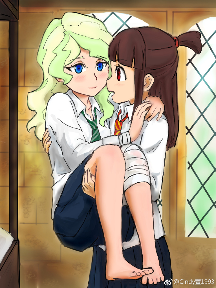 bandage_on_knee bandages bangs barefoot blonde_hair blue_eyes blunt_bangs blush brown_hair carrying commentary_request diana_cavendish eyebrows_visible_through_hair hair_ribbon harry_potter hogwarts_school_uniform kagari_atsuko little_witch_academia long_hair multiple_girls necktie open_mouth ponytail princess_carry red_eyes ribbon school_uniform short_ponytail striped striped_neckwear yuri