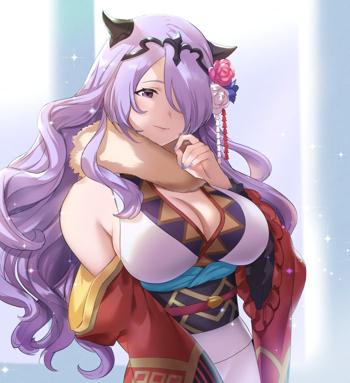 bare_shoulders black_hairband blush breasts camilla_(fire_emblem_if) closed_mouth detached_sleeves fake_horns fire_emblem fire_emblem_heroes flower fur_collar hair_flower hair_ornament hair_over_one_eye hairband hand_up horns japanese_clothes kimono large_breasts lips long_hair long_sleeves looking_at_viewer mikurou_(nayuta) nail_polish pillar pink_flower pink_rose purple_eyes purple_hair purple_nails rose smile solo sparkle underbust upper_body very_long_hair wavy_hair white_flower white_kimono white_rose wide_sleeves