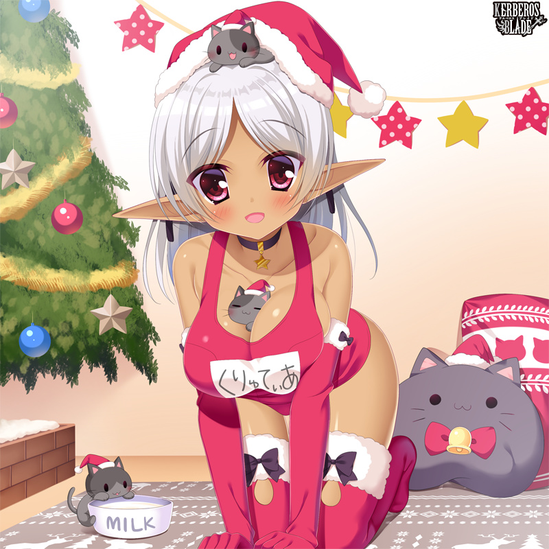 :3 :d =_= all_fours alternate_color_school_swimsuit animal animal_between_breasts animal_on_head bangs bare_shoulders between_breasts black_choker blush bowl breasts cat cat_on_head choker christmas christmas_ornaments christmas_tree cleavage closed_eyes collarbone copyright_name dark_elf elbow_gloves elf eyebrows_visible_through_hair fur-trimmed_gloves fur-trimmed_hat fur-trimmed_legwear fur_trim gloves hat indoors kerberos_blade large_breasts long_hair milk name_tag on_head one-piece_swimsuit open_mouth parted_bangs pointy_ears polka_dot red_eyes red_gloves red_hat red_legwear red_swimsuit santa_hat school_swimsuit silver_hair smile solo star stuffed_animal stuffed_cat stuffed_toy swimsuit thighhighs yuyumatsu