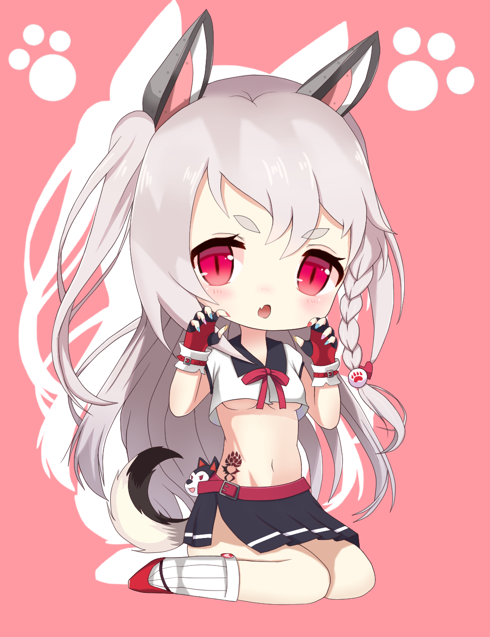 :o animal_ears azur_lane bad_id bad_pixiv_id bangs belt belt_buckle black_skirt blue_nails blush braid breasts buckle chibi claw_pose commentary_request crop_top crop_top_overhang eyebrows_visible_through_hair fang fingerless_gloves gloves hair_between_eyes hair_ornament heart highres kyuujou_komachi long_hair looking_at_viewer loose_socks medium_breasts midriff multicolored multicolored_nails nail_polish navel parted_lips paw_background pink_background pink_nails pleated_skirt red_belt red_eyes red_footwear red_gloves red_nails red_ribbon ribbon school_uniform serafuku shirt shoes short_sleeves side_braid silver_hair simple_background sitting skirt socks solo tail thick_eyebrows underboob very_long_hair wariza white_legwear white_shirt wolf_ears wolf_girl wolf_tail yellow_nails yuudachi_(azur_lane)