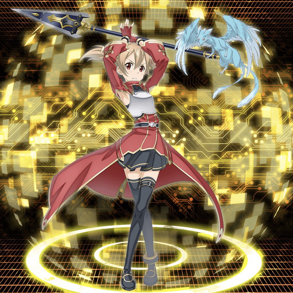 alternate_weapon anklet armpits arms_up black_legwear black_skirt breastplate brown_hair dragon fingerless_gloves full_body gloves hair_between_eyes holding holding_weapon jewelry long_hair looking_at_viewer miniskirt official_art parted_lips pina_(sao) pleated_skirt polearm red_eyes red_gloves silica skirt solo spear standing sword_art_online thighhighs twintails weapon zettai_ryouiki