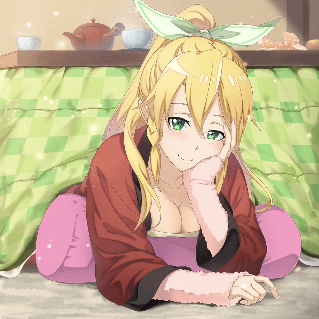 artist_request blonde_hair blush breasts chin_rest cleavage collarbone green_eyes green_ribbon hair_between_eyes hair_ribbon hanten_(clothes) high_ponytail indoors jacket kotatsu leafa long_hair looking_at_viewer lying medium_breasts official_art on_stomach pillow pink_sweater pointy_ears ponytail red_jacket ribbon smile solo sweater sword_art_online table under_kotatsu under_table