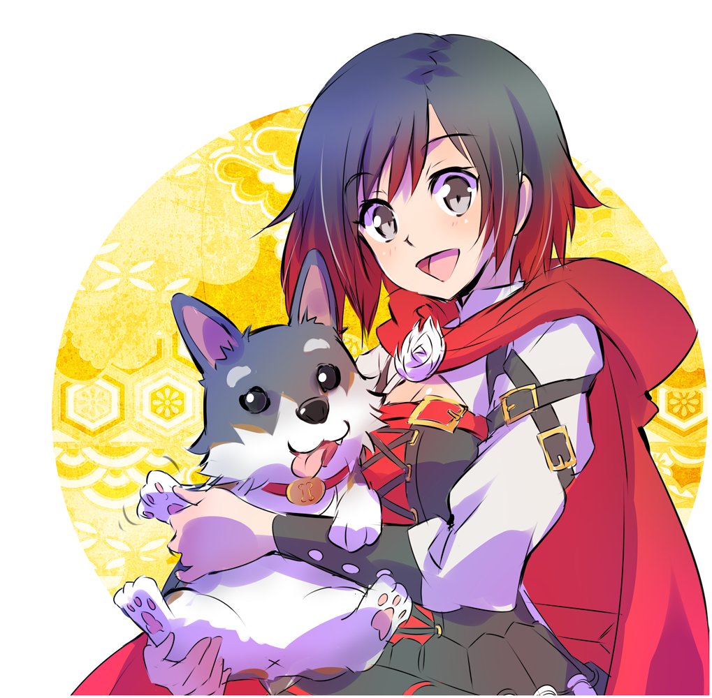 anus belt black_hair breasts cape cleavage collar commentary_request corset dog iesupa medium_breasts multicolored_hair red_hair ruby_rose rwby silver_eyes tongue tongue_out waving welsh_corgi zwei_(rwby)