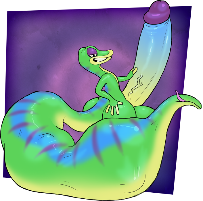 2015 anthro butt gecko gex gex_(series) green_scales hyper hyper_penis lizard male penis reptile rubberskunktoo scales scalie solo tail_vore vein video_games vore