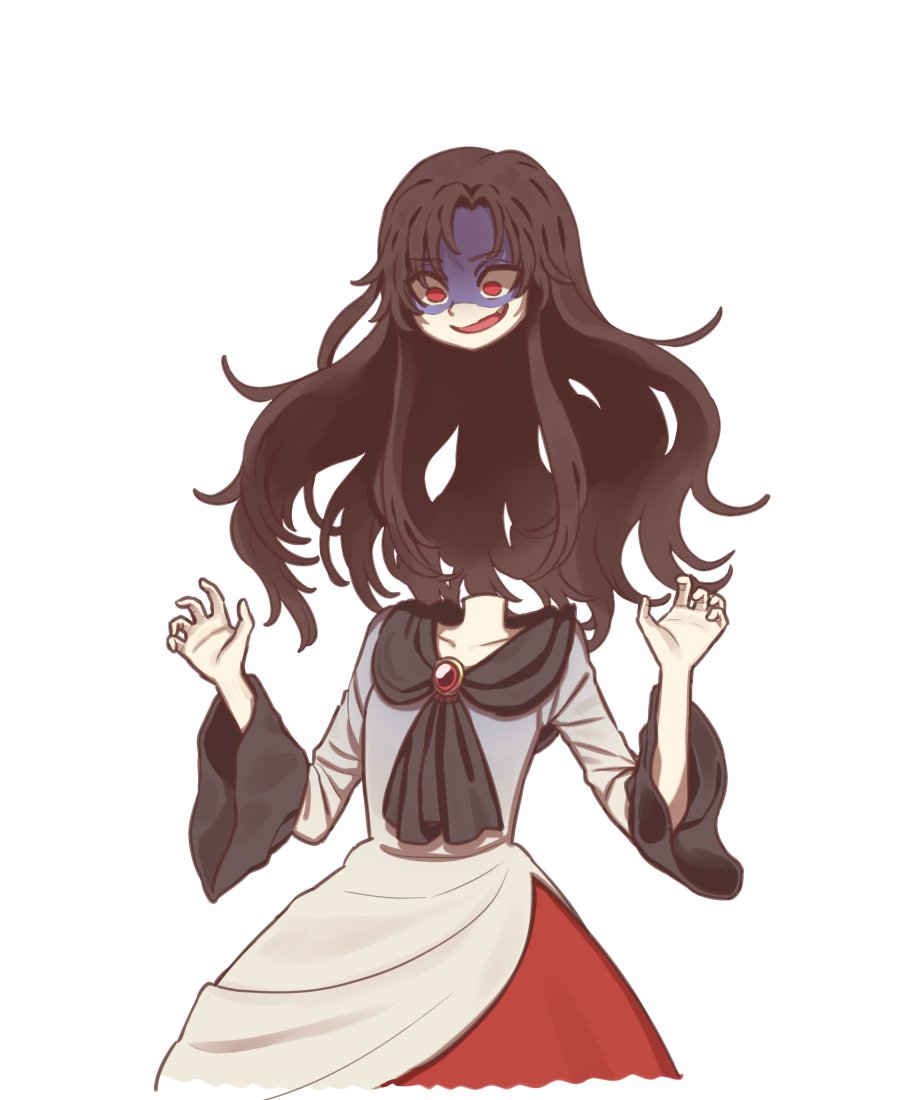 alien_(psr992) brooch brown_hair commentary_request disembodied_head dress fang hands_up imaizumi_kagerou jewelry korean_commentary long_hair long_sleeves looking_at_viewer red_eyes shaded_face simple_background smile touhou white_background wide_sleeves