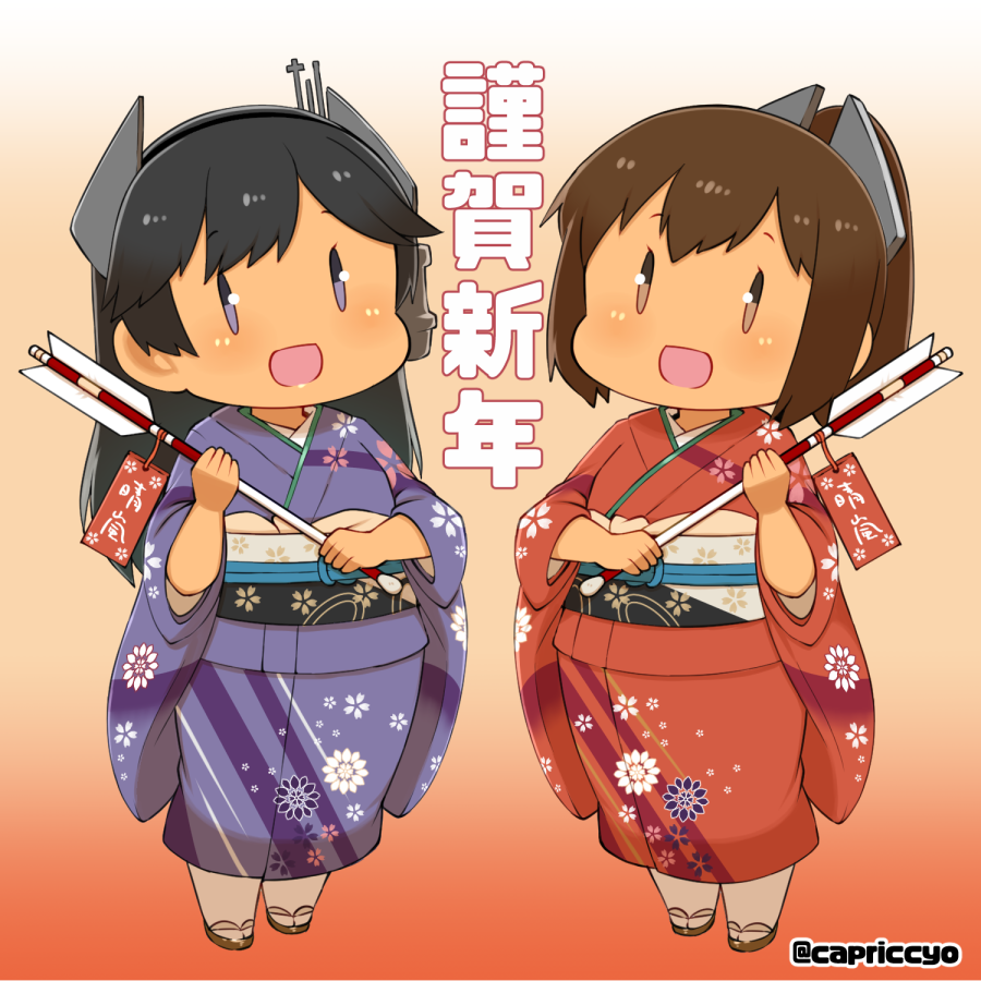 :d alternate_costume arrow black_hair brown_eyes brown_hair capriccyo chibi commentary_request gradient gradient_background hair_ornament hairclip headgear holding_arrow i-400_(kantai_collection) i-401_(kantai_collection) japanese_clothes kantai_collection kimono long_hair looking_at_viewer multiple_girls new_year open_mouth orange_background ponytail purple_eyes smile tan twitter_username |_|