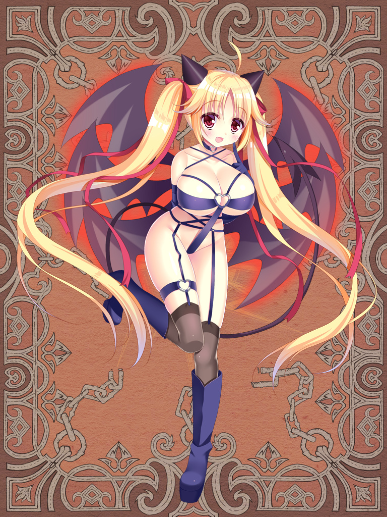 :d bangs bare_shoulders black_wings blonde_hair blush boots breasts collarbone demon_girl demon_tail demon_wings elbow_gloves finger_to_mouth full_body garter_straps gloves grey_legwear hair_flaps hair_ribbon head_tilt heart high_heel_boots high_heels horns kerberos_blade knee_boots large_breasts looking_at_viewer multiple_wings o-ring open_mouth parted_bangs purple_footwear purple_gloves red_eyes red_ribbon revealing_clothes ribbon sidelocks smile solo standing standing_on_one_leg succubus tail thighhighs twintails wings yuyumatsu