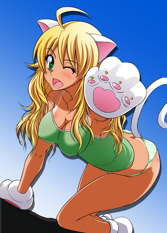 ;&gt; ahoge blonde_hair blue_background blush breasts butt_crack cleavage commentary_request eyebrows_visible_through_hair green_bikini_bottom green_bikini_top green_eyes hoshii_miki idolmaster idolmaster_(classic) idolmaster_2 kneeling large_breasts long_hair looking_at_viewer open_mouth rikumoto_yoshiyuki simple_background solo tail white_footwear