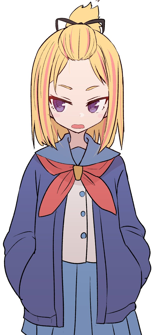 bangs_pinned_back blonde_hair blue_jacket blue_sailor_collar blue_skirt blush_stickers commentary flip_flappers forehead hands_in_pockets highres jacket long_sleeves multicolored_hair neckerchief open_mouth pleated_skirt purple_eyes red_neckwear sailor_collar school_uniform serafuku shirt short_hair simple_background skirt solo streaked_hair sumiyao_(amam) topknot tsurime upper_body white_background white_shirt yayaka
