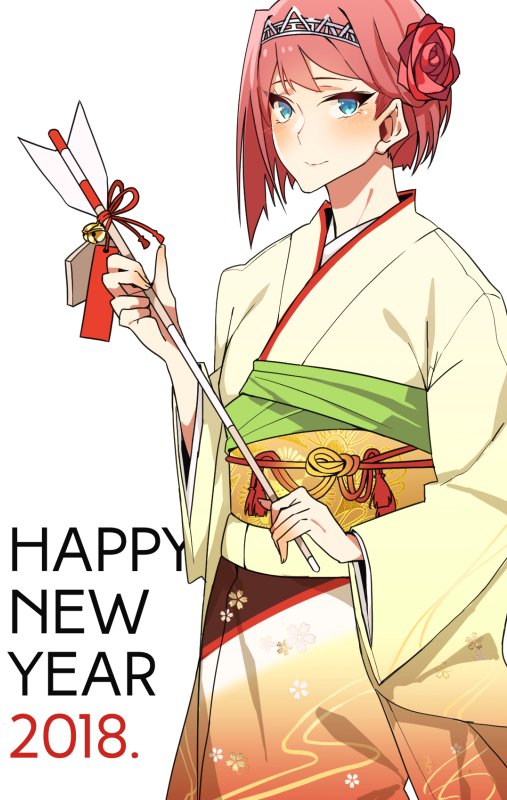 2018 alternate_costume alternate_hairstyle ark_royal_(kantai_collection) arrow asakawa_(outeq) bad_id bad_twitter_id bangs bell blue_eyes blunt_bangs blush bob_cut closed_mouth commentary cowboy_shot flower hair_flower hair_ornament hamaya japanese_clothes kantai_collection kimono long_sleeves looking_at_viewer obi red_flower red_hair red_rose rose sash short_hair simple_background smile solo white_background wide_sleeves