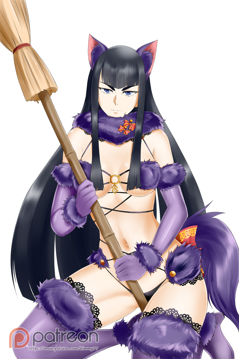 alfred_cullado animal_ears boots breasts cosplay dangerous_beast elbow_gloves eyes_visible_through_hair fate/grand_order fate_(series) fur-trimmed_gloves fur-trimmed_legwear fur_collar fur_trim gloves halloween halloween_costume highres kill_la_kill kiryuuin_satsuki long_hair looking_at_viewer mash_kyrielight mash_kyrielight_(cosplay) navel o-ring o-ring_top purple_gloves purple_legwear revealing_clothes smile solo tail thigh_boots thighhighs thighs witch wolf_ears wolf_tail