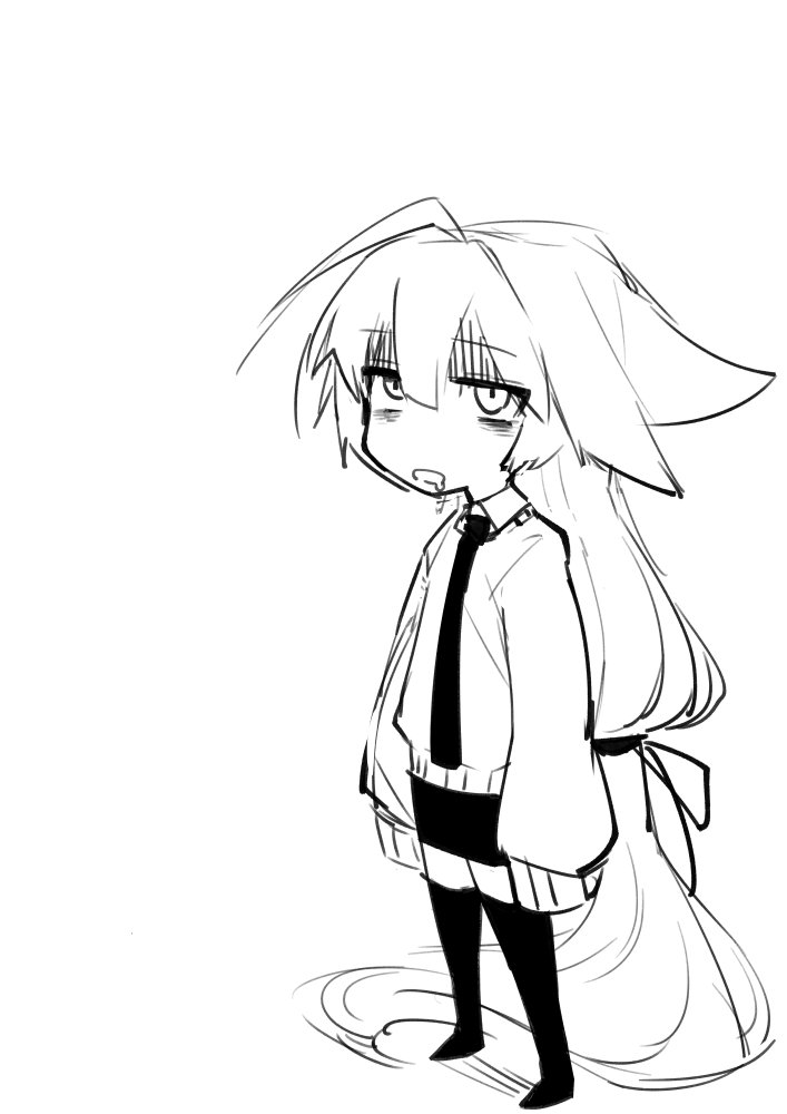 absurdly_long_hair anya_(j.k.) bags_under_eyes chibi collared_shirt drooling eyebrows_visible_through_hair full_body greyscale hair_between_eyes hair_flaps j.k. jitome long_hair long_sleeves looking_at_viewer low-tied_long_hair monochrome necktie original shaded_face shirt simple_background skirt sleeves_past_wrists solo standing sweater thighhighs very_long_hair white_background wing_collar zettai_ryouiki