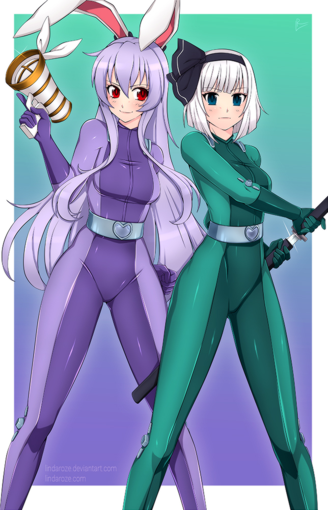 alina_pegova animal_ears aqua_eyes bodysuit breasts bunny_ears crossover katana konpaku_youmu latex looking_at_viewer lunatic_gun megaphone multiple_girls purple_hair red_eyes reisen_udongein_inaba sheath skin_tight small_breasts smile sword totally_spies touhou triangular_headpiece unsheathing watermark weapon web_address white_hair