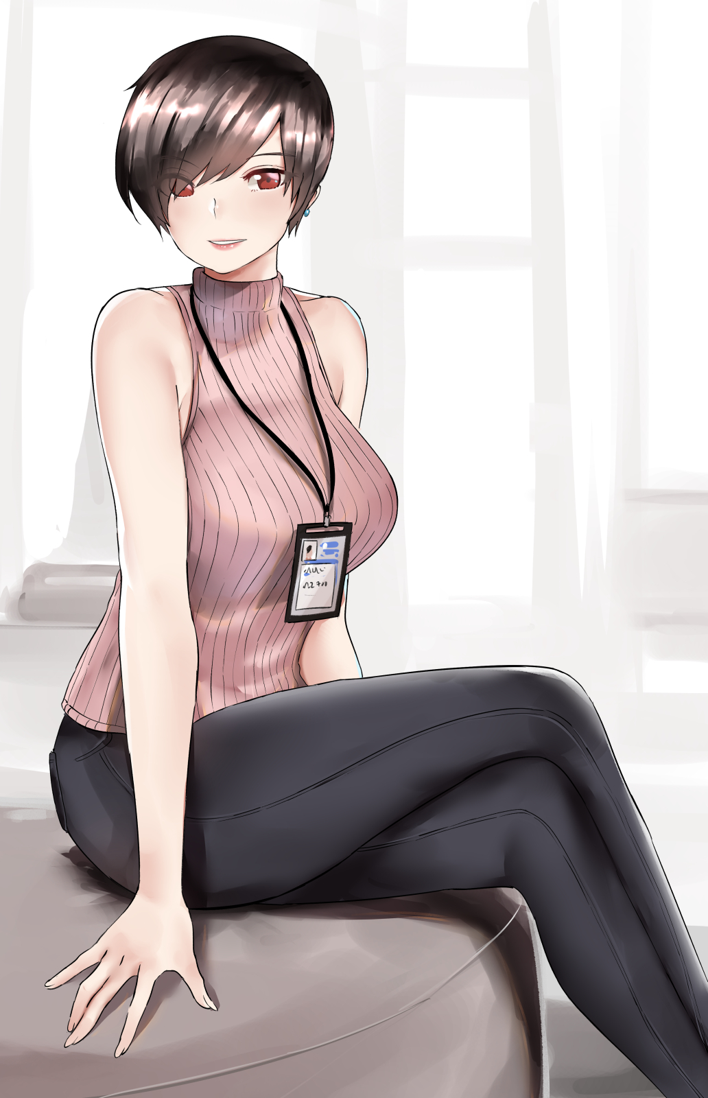 arms_at_sides bare_arms bare_shoulders black_pants breasts brown_hair crossed_legs cushion eyebrows_visible_through_hair eyes_visible_through_hair feet_out_of_frame hair_over_one_eye highres id_card large_breasts lips norman_maggot office_lady ol-chan_(norman_maggot) original pants parted_lips pink_sweater red_eyes shiny shiny_hair short_hair sitting sketch sleeveless sleeveless_turtleneck smile solo sweater tight tight_pants turtleneck