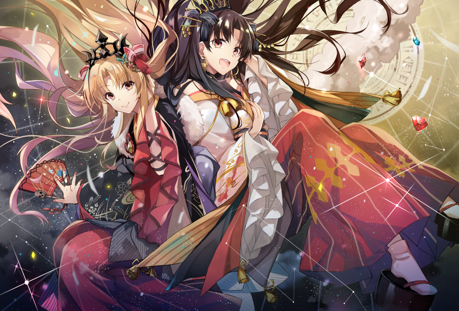 :d arm_wrap backlighting bangs bare_shoulders black_hair black_ribbon blonde_hair blush bow closed_mouth constellation crown detached_sleeves earrings ereshkigal_(fate/grand_order) eyebrows_visible_through_hair fan fate/grand_order fate_(series) feet_out_of_frame floating frilled_sleeves frills fur_trim gem geta glint hair_bow hair_ornament hair_ribbon hair_stick hakama hand_in_hair hand_on_own_chest hand_up hirai_yuzuki holding holding_fan hoop_earrings ishtar_(fate/grand_order) japanese_clothes jewelry kimono light_particles long_hair long_sleeves looking_at_viewer multiple_girls nail_polish open_mouth parted_bangs red_bow red_eyes red_hakama red_kimono red_nails ribbon round_teeth skull smile socks spread_fingers tabi tassel teeth tiara two_side_up very_long_hair white_kimono white_legwear wide_sleeves
